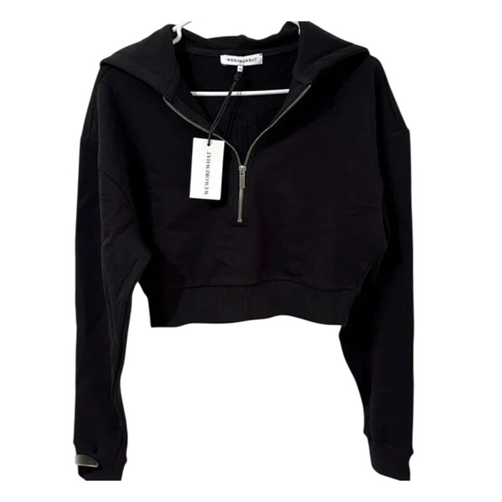 NWT WeWoreWhat Cropped Half Zip Fleece Cotton Hoodie Long Sleeve XS Black #4296 - Picture 2 of 15